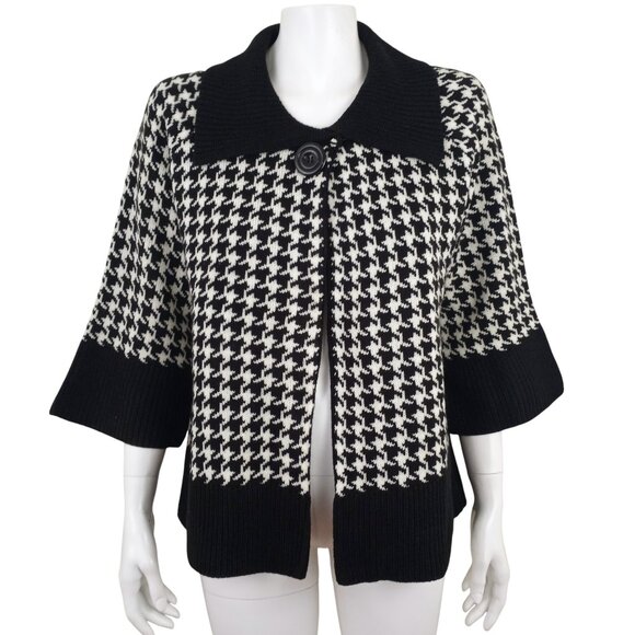 Jenny Open Swing Cardigan 3/4 Kimono Sleeve Black White Houndstooth - Picture 1 of 7